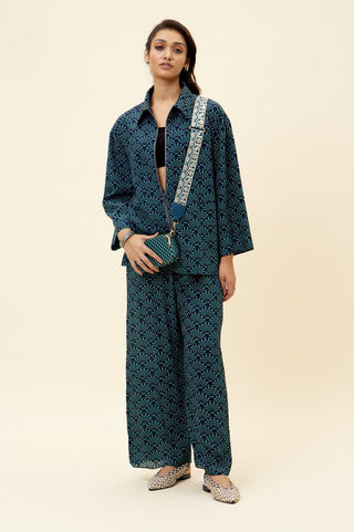 Sva By Sonam And Paras Modi-Blue Print Oversized Shaket With Pants-INDIASPOPUP.COM