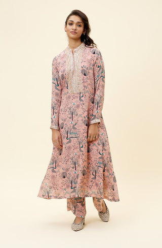 Sva By Sonam And Paras Modi-Pink Mor Jaal Print Kurta With Pant-INDIASPOPUP.COM