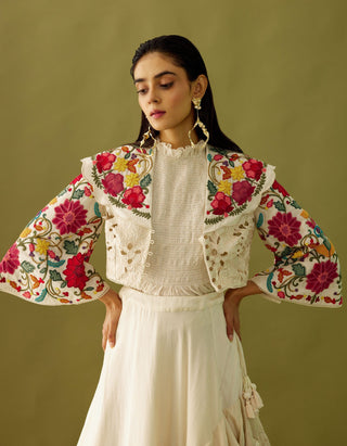 Chandrima-Ivory Cutwork Bolero With Bell Sleeves-INDIASPOPUP.COM