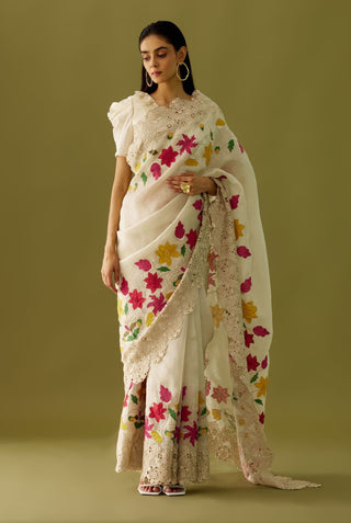 Chandrima-Ivory Cutwork Organza Saree-INDIASPOPUP.COM