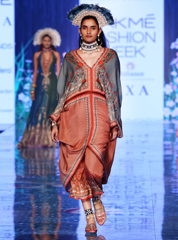 Rajdeep Ranawat-Coral Draped Kaftan Dress With Pants-INDIASPOPUP.COM