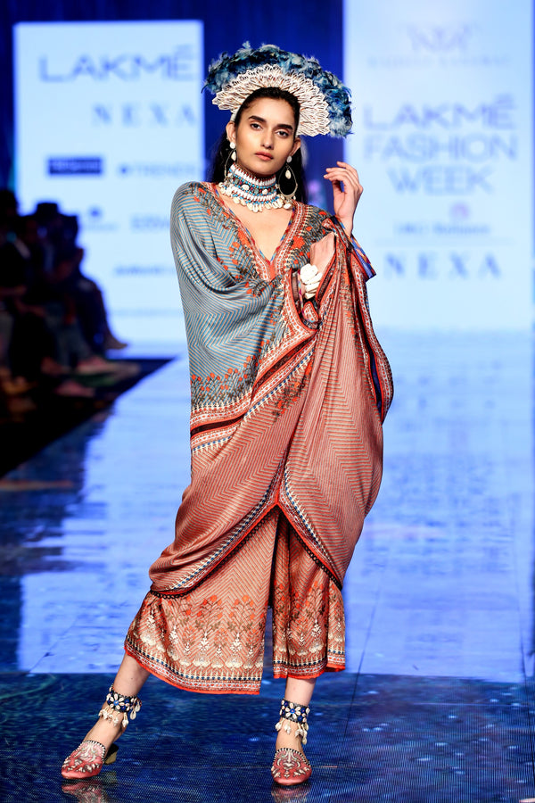 Rajdeep Ranawat-Coral Draped Kaftan Dress With Pants-INDIASPOPUP.COM