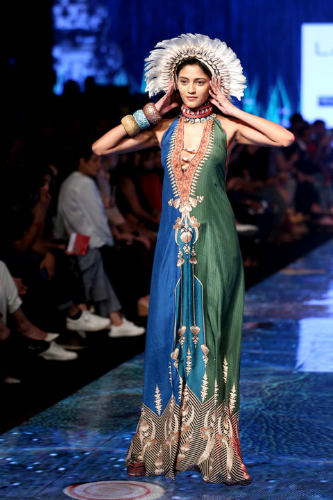 Rajdeep Ranawat-Mallard Green Silk Long Dress-INDIASPOPUP.COM