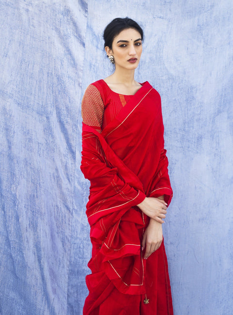 Label Earthen - Red Saree With Blouse - INDIASPOPUP.COM