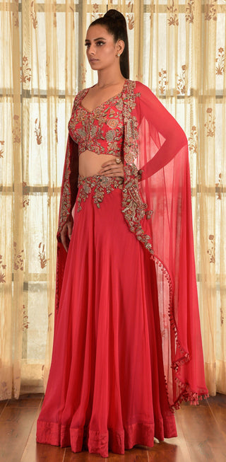 Dolly J-Red Calica Dust Chiffon Lehenga Set With Cape-INDIASPOPUP.COM