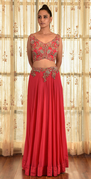 Dolly J-Red Calica Dust Chiffon Lehenga Set With Cape-INDIASPOPUP.COM