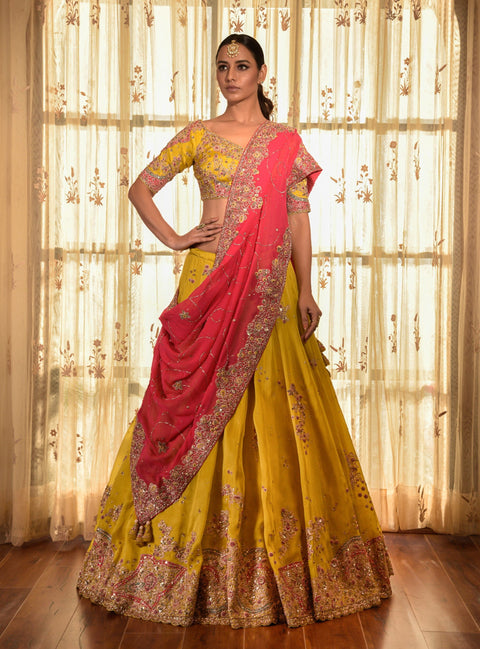 Yellow Peri Wrinkle Lehenga Set