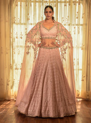 Pale Pink Apricot Chikankari Lehenga Cape Set