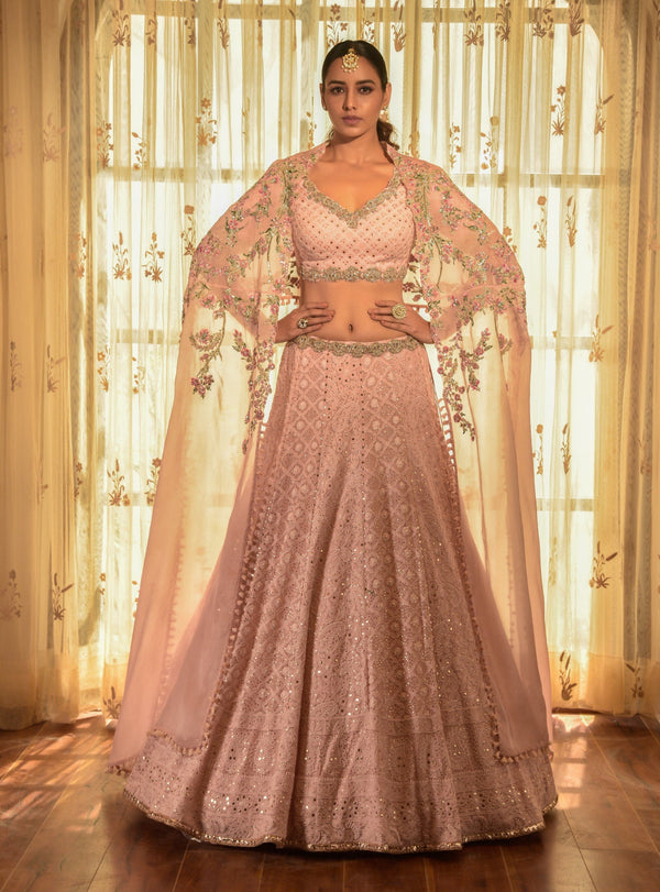Pale Pink Apricot Chikankari Lehenga Cape Set