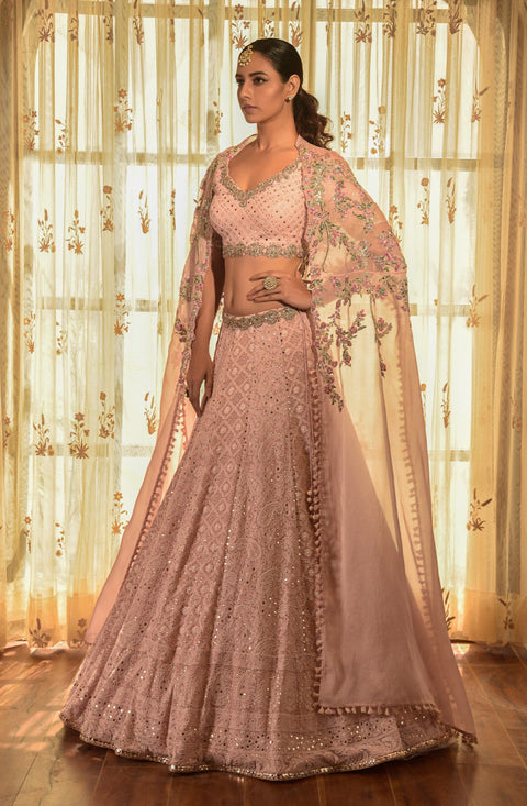 Dolly J-Pale Pink Apricot Georgette Chikankari Lehenga Set-INDIASPOPUP.COM