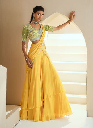 Yellow Embellished Lehenga Sari Set