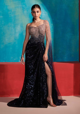 Dolly J-Gold Blue Amber Saree Gown-INDIASPOPUP.COM