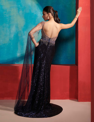 Dolly J-Gold Blue Amber Saree Gown-INDIASPOPUP.COM