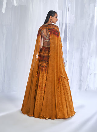 Dolly J-Ekiya Mustard Printed Lehenga Cape Set-INDIASPOPUP.COM