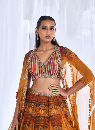 Dolly J-Ekiya Mustard Printed Lehenga Cape Set-INDIASPOPUP.COM