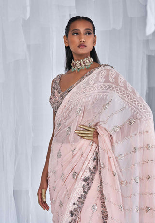 Dolly J-Snow Rose Kamdani Chikankari Sari And Blouse-INDIASPOPUP.COM