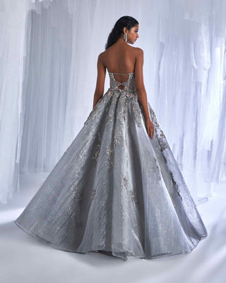Dolly J-Nobeika Silver Pleated Gown-INDIASPOPUP.COM