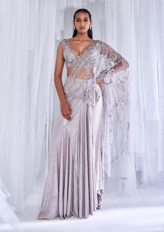 Dolly J-Amoudi Ray Silver Drape Sari Gown Set-INDIASPOPUP.COM