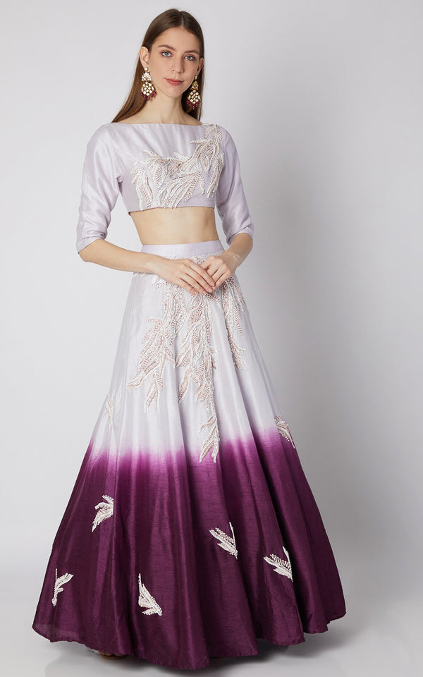 Pink Peacock Couture-Purple Ombre Embroidered Blouse With Lehenga-INDIASPOPUP.COM