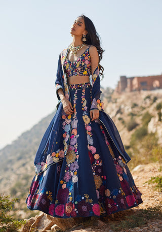 Mishru-Navy Blue Dahlia Lehenga-INDIASPOPUP.COM