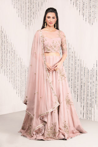 Charu & Vasundhara-Old Rose Sheer Top With Lehenga & Dupatta-INDIASPOPUP.COM