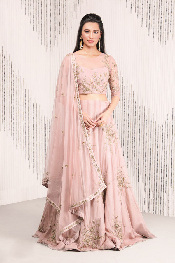 Charu & Vasundhara-Old Rose Sheer Top With Lehenga & Dupatta-INDIASPOPUP.COM