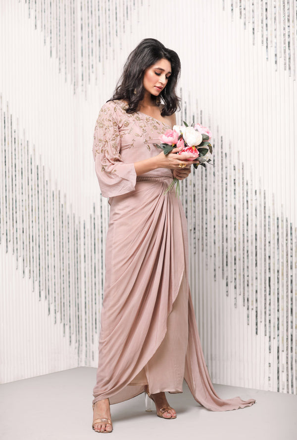 Charu & Vasundhara-Old Rose Top With Side Pleat Drape Skirt-INDIASPOPUP.COM