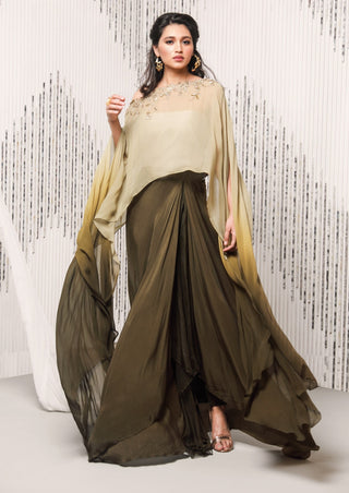 Charu & Vasundhara-Mose Green & Olive Poncho With Drape Skirt-INDIASPOPUP.COM