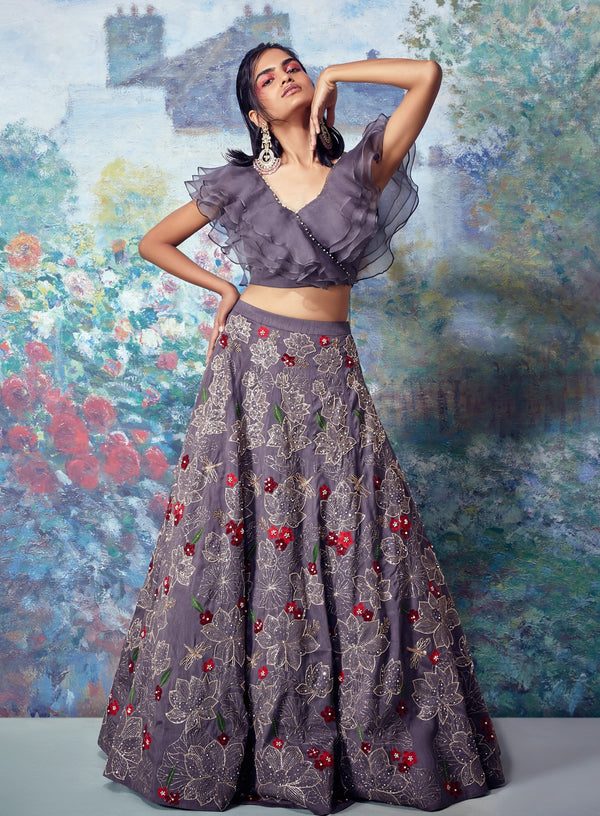 Taavare-Grey Embroidered Lehenga With Crop Top-INDIASPOPUP.COM