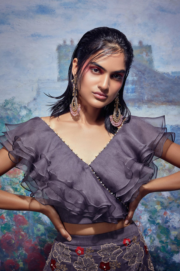 Taavare-Grey Embroidered Lehenga With Crop Top-INDIASPOPUP.COM
