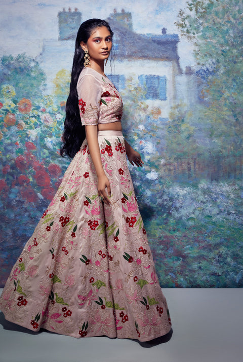 Taavare-Pink Embroidered Crop Top With Lehenga-INDIASPOPUP.COM