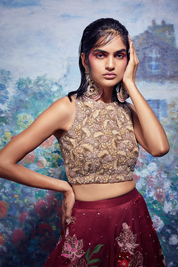 Taavare-Maroon Embroidered Lehenga Set-INDIASPOPUP.COM