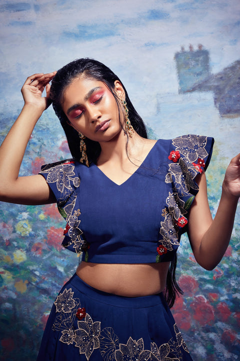 Taavare-Blue Embroidered Crop Top With Lehenga-INDIASPOPUP.COM