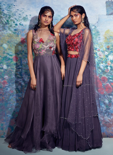 Taavare-Grey Embroidered Organza Gown-INDIASPOPUP.COM