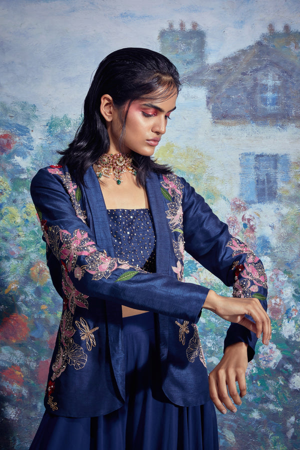 Taavare-Blue Embellished Bustier & Pants With Blazer-INDIASPOPUP.COM