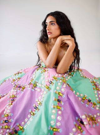 Papa Don'T Preach By Shubhika-Multicolor Denim Lehenga With Bralette-INDIASPOPUP.COM