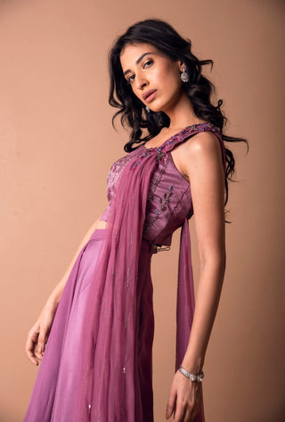 K-Anshika-Pink Draped Dupatta With Bustier & Skirt-INDIASPOPUP.COM