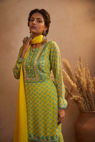 Aneesh Agarwaal-Yellow Green Butti Print Kurta Set-INDIASPOPUP.COM