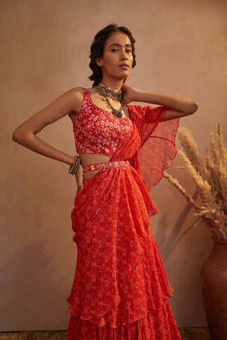 Aneesh Agarwaal-Red Ikkat Draped Saree Set-INDIASPOPUP.COM