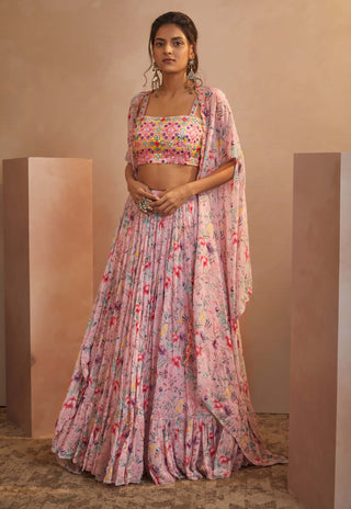 Aneesh Agarwaal-Pink Floral Cape Skirt Set-INDIASPOPUP.COM