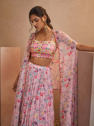 Aneesh Agarwaal-Pink Floral Cape Skirt Set-INDIASPOPUP.COM