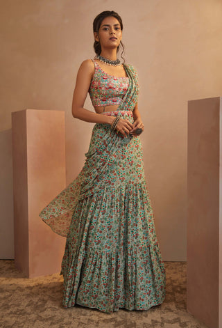 Aneesh Agarwaal-Olive Green Draped Saree Set-INDIASPOPUP.COM