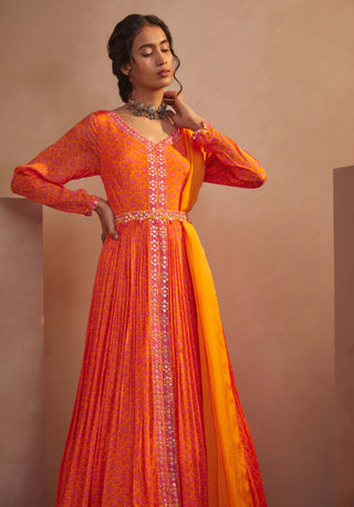 Aneesh Agarwaal-Orange Motif Anarkali Set-INDIASPOPUP.COM