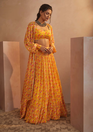 Aneesh Agarwaal-Yellow Floral Jacket Skirt Set-INDIASPOPUP.COM