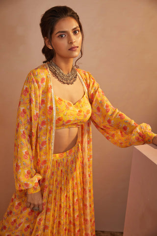 Aneesh Agarwaal-Yellow Floral Jacket Skirt Set-INDIASPOPUP.COM