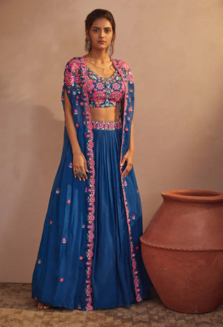 Aneesh Agarwaal-Royal Blue Cape Skirt Set-INDIASPOPUP.COM