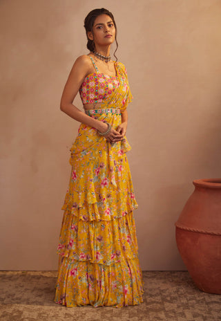 Aneesh Agarwaal-Yellow Floral Drape Saree Set-INDIASPOPUP.COM