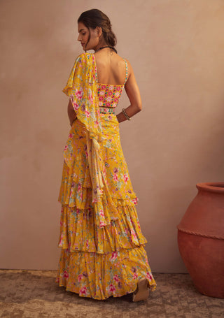 Aneesh Agarwaal-Yellow Floral Drape Saree Set-INDIASPOPUP.COM