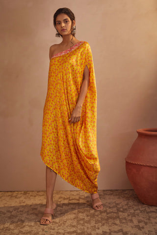 Aneesh Agarwaal-Yellow Twig One Shoulder Dress-INDIASPOPUP.COM