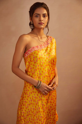 Aneesh Agarwaal-Yellow Twig One Shoulder Dress-INDIASPOPUP.COM